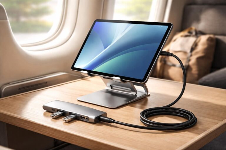Accessoires : support, hub, câble pour tablette Samsung en voyage