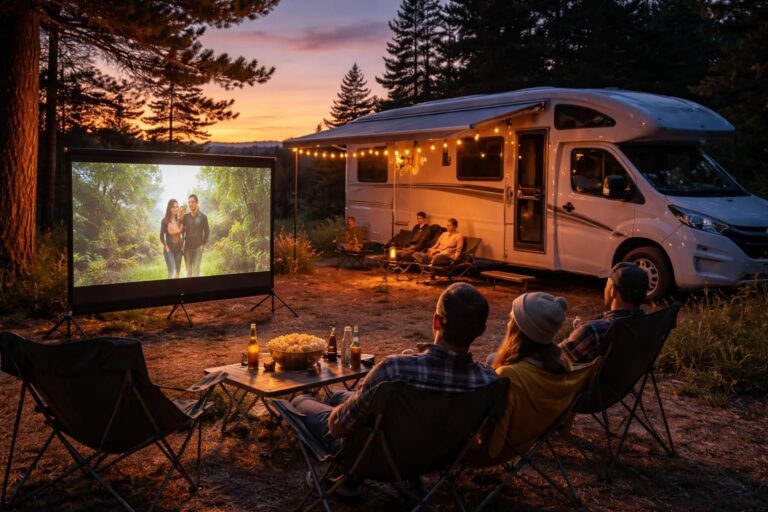Cinéma en camping-car : écran de projection compact pour soirées au camp