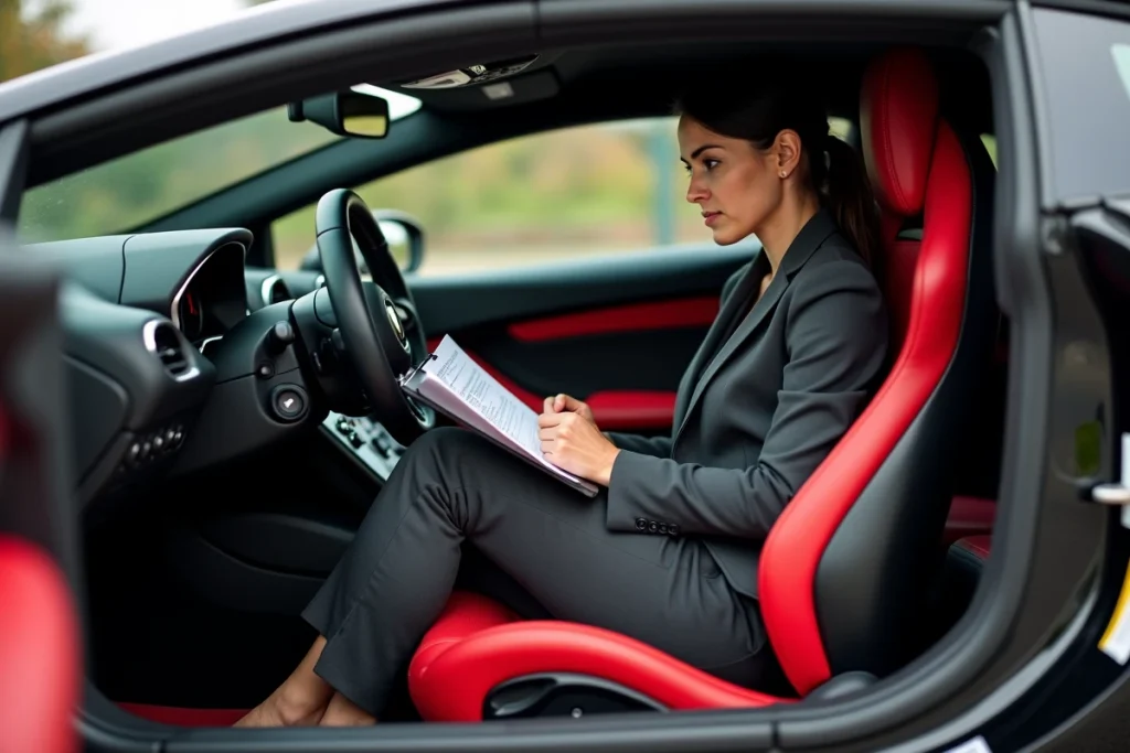 Femme consultant une check-list d'achat à l'intérieur d'une Lamborghini Huracán d'occasion avec habitacle en cuir rouge et noir