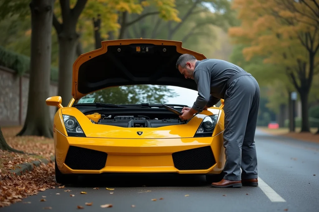 Technicien effectuant un diagnostic moteur sur une Lamborghini Gallardo jaune d'occasion dans une rue résidentielle