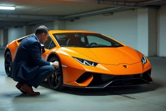 Homme inspectant les panneaux de carrosserie d'une Lamborghini Huracán orange d'occasion dans un parking souterrain