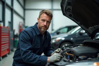 Technicien automobile inspectant un faisceau électrique sous le capot d'un véhicule dans un garage professionnel