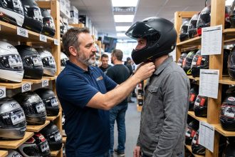 Vendeur spécialiste ajustant un casque moto sur un client dans une boutique spécialisée en équipements moto