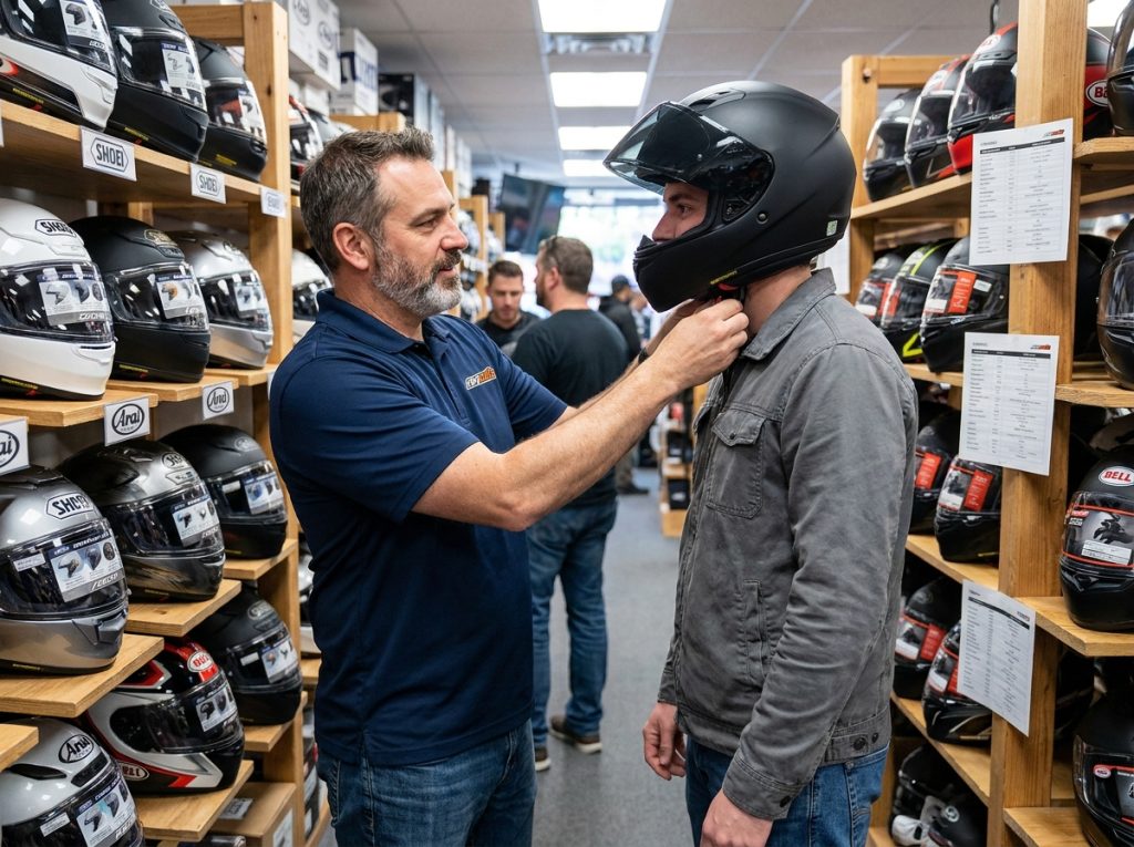 Vendeur spécialiste ajustant un casque moto sur un client dans une boutique spécialisée en équipements moto