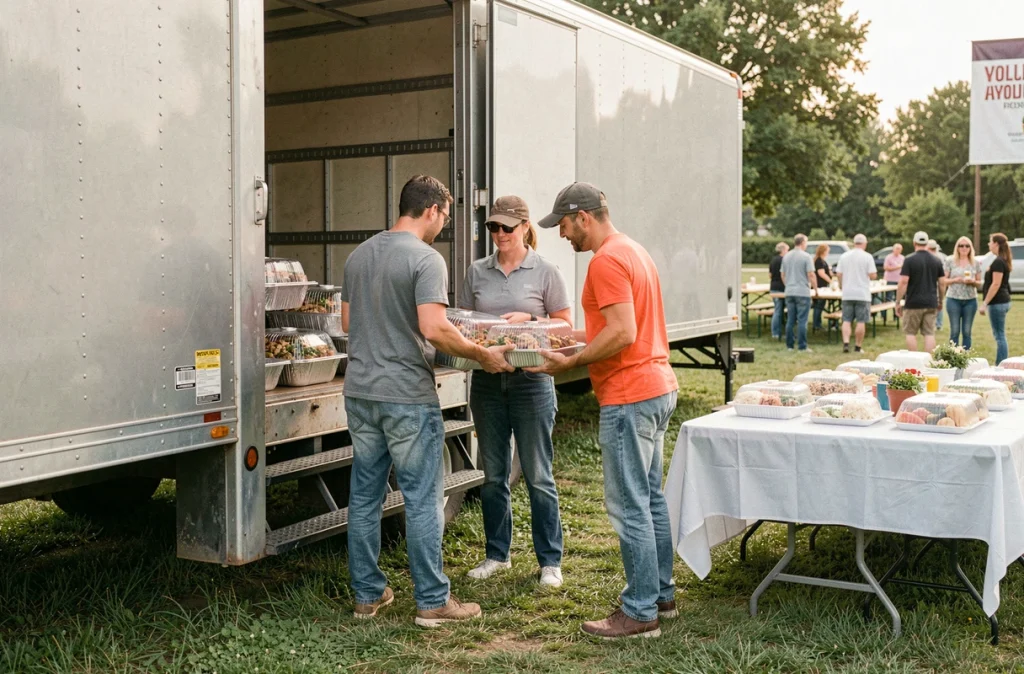 Association déchargeant des plateaux repas depuis une remorque frigorifique louée lors d'un événement communautaire en plein air