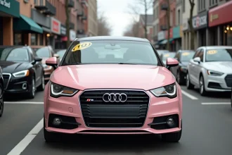 Audi A1 rose métallisé d'occasion garée dans un lot de concessionnaire avec étiquettes de prix visibles