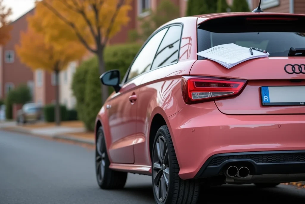 Vue arrière d'une Audi A1 rose d'occasion avec document d'historique véhicule posé sur le coffre