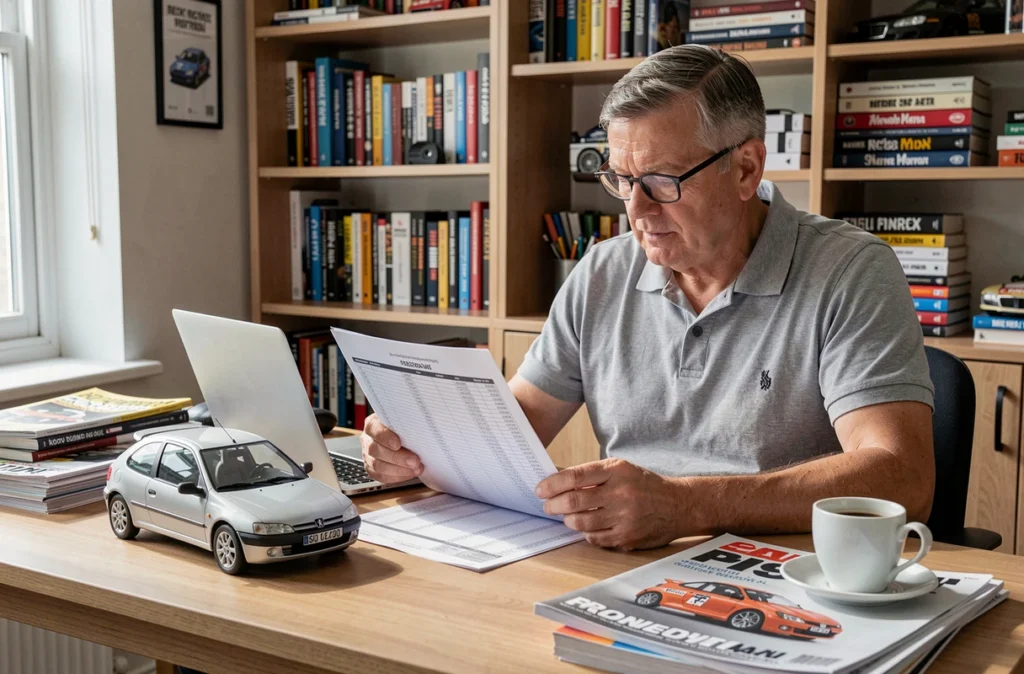 Propriétaire passionné analysant le budget de restauration d'une Peugeot 306 Maxi dans un bureau à domicile