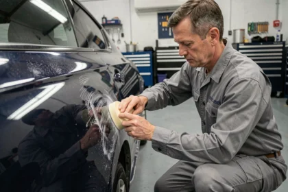 Carrossier professionnel appliquant un produit de lustrage sur une rayure de carrosserie bleue marine dans un atelier automobile
