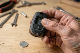 Remplacement de la pile dans une clé télécommande Renault Clio 4 avec batterie CR2032 sur table d'atelier en bois