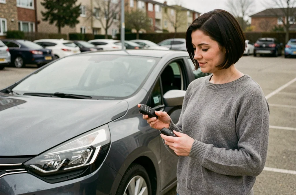 Femme comparant la carte mains libres et la clé télécommande simple d'une Renault Clio 4 dans un parking
