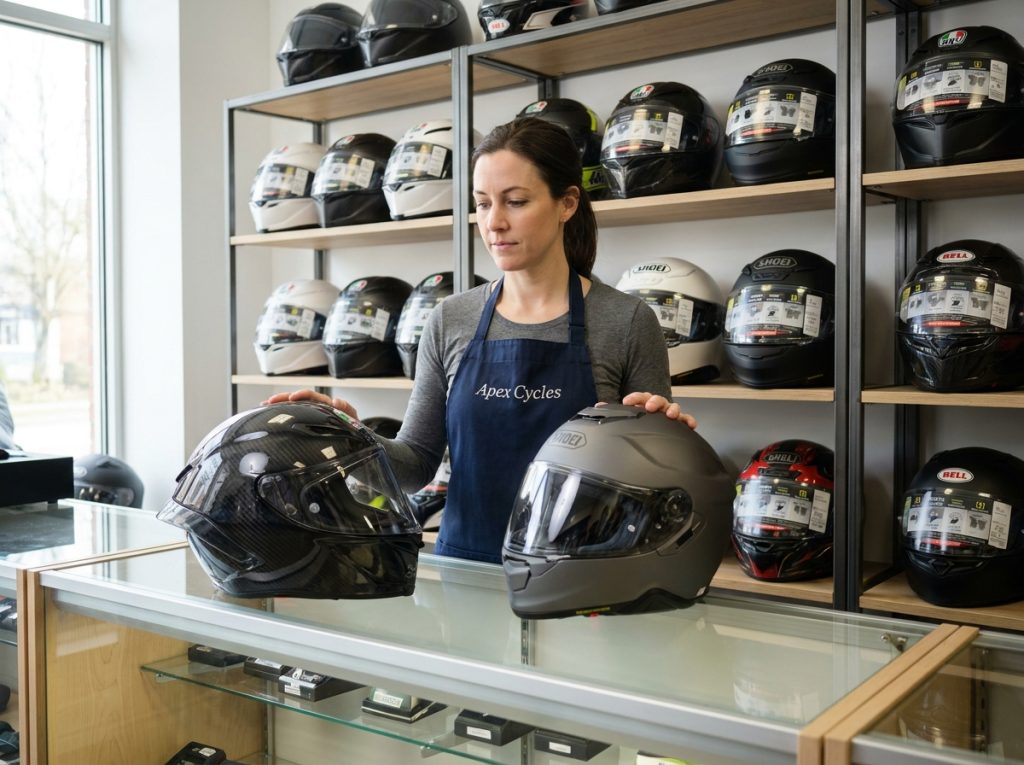 Spécialiste en équipements moto comparant deux casques homologués dans une boutique professionnelle