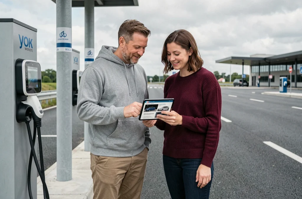 Couple consultant une comparaison de voitures électriques sur tablette devant une borne de recharge sur une aire d'autoroute moderne