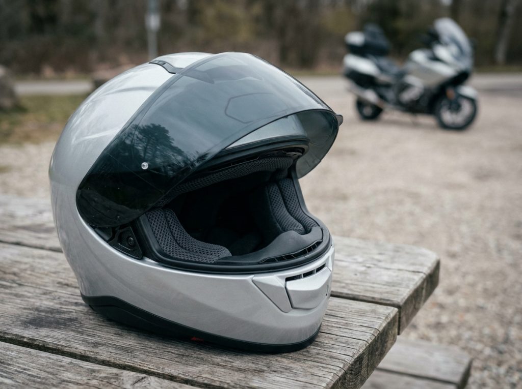 Casque intégral léger posé sur une table de repos avec visière relevée et mousse intérieure visible