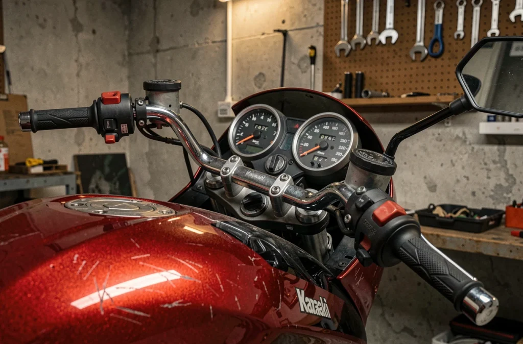 Gros plan sur le guidon et le tableau de bord d'une Kawasaki GPZ900R dans un garage, détail moto Top Gun