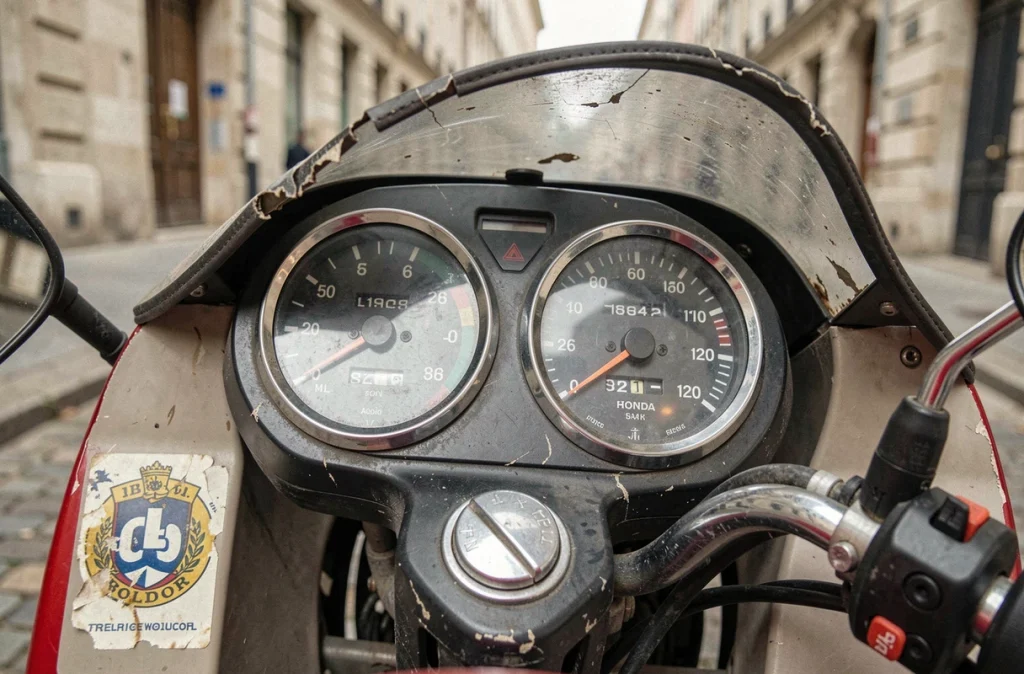 Détail du tableau de bord et du demi-carénage de la Honda CB Boldor 900 en milieu urbain