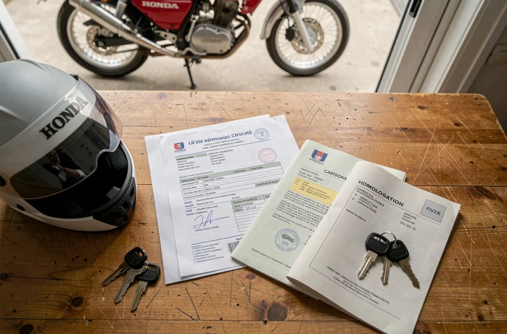 Documents administratifs pour l'immatriculation d'une moto Honda XLV750R, carte grise et certificat de conformité posés sur un bureau en bois