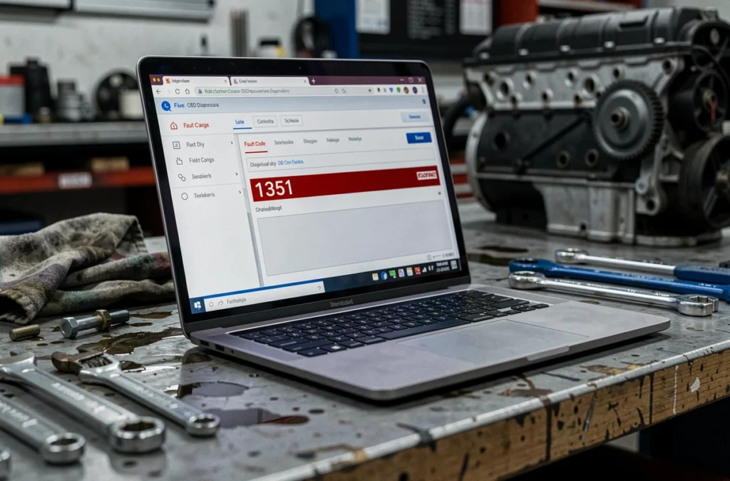 Écran d'ordinateur affichant le code erreur diesel 1351 sur un logiciel de diagnostic OBD dans un atelier mécanique
