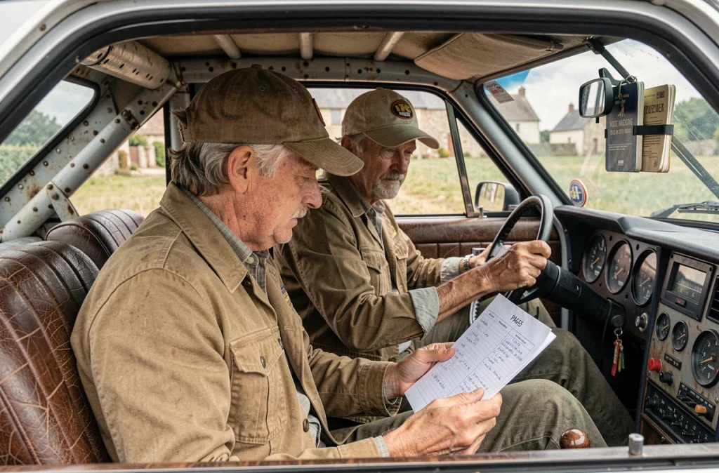 Équipage en tenue vintage consultant les notes de route à bord d'une voiture ancienne de rallye historique
