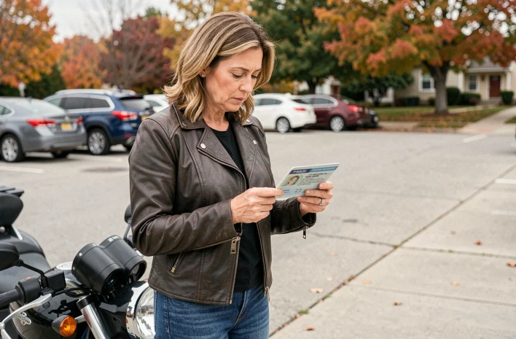 Femme adulte tenant son permis de conduire devant une moto dans un parking urbain, réflexion sur les catégories de permis