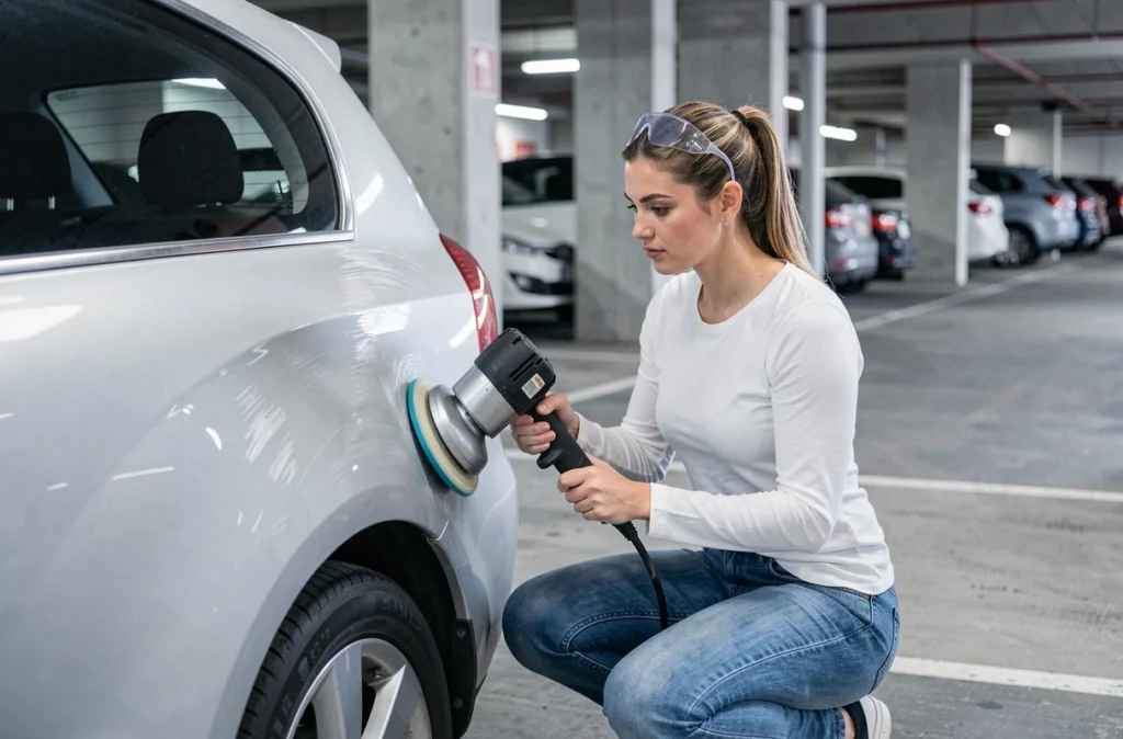 Femme utilisant une polisseuse orbitale sur une rayure de carrosserie argent dans un parking, réparation automobile DIY