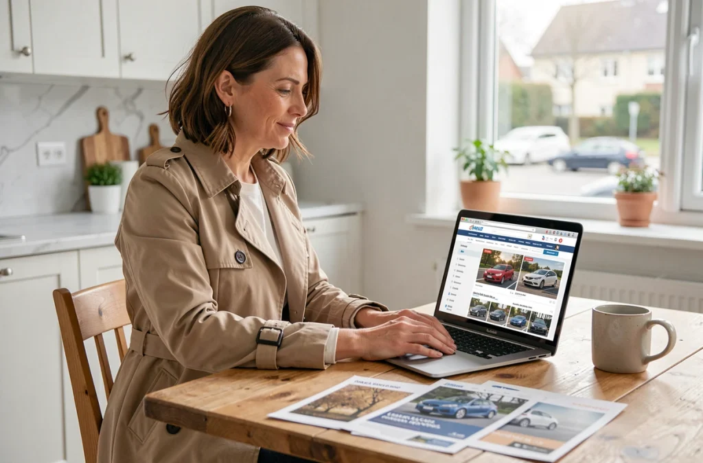 Femme consultant un site d'actualité automobile sur son ordinateur portable dans une cuisine moderne, entourée de brochures de voitures électriques