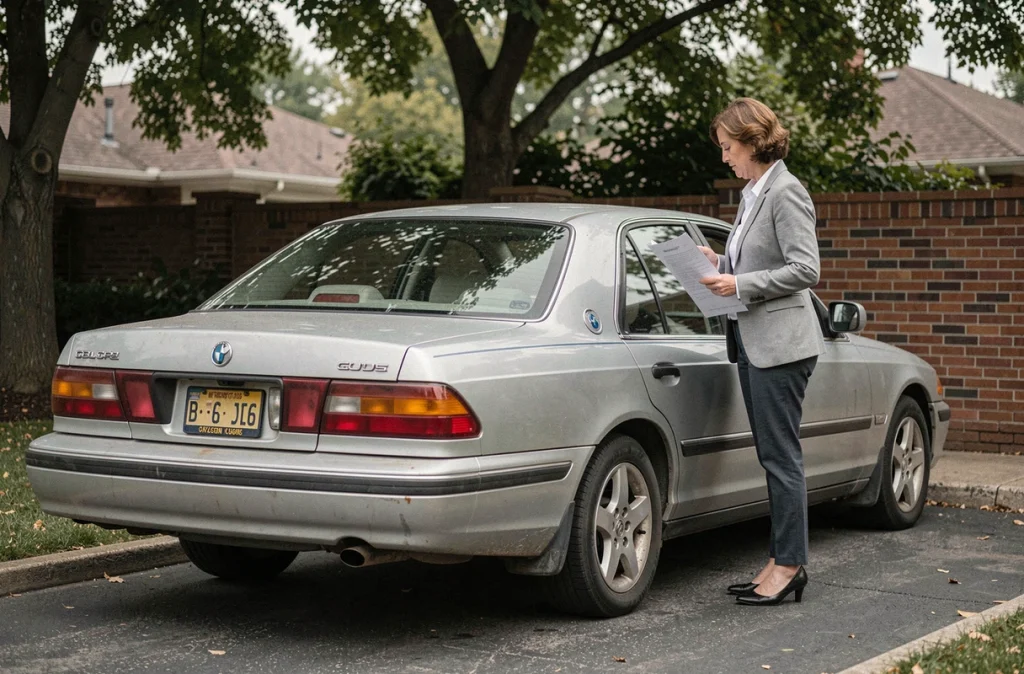 Femme debout à côté de sa voiture de plus de 10 ans tenant un formulaire administratif de demande de réduction de carte grise