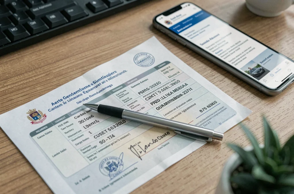 Gros plan d'une carte grise française posée sur un bureau avec un stylo et un smartphone affichant un site administratif pour la réduction de taxe