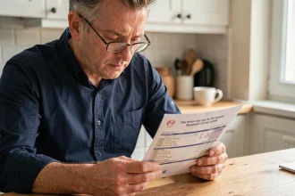 Homme consultant sa carte grise à domicile pour vérifier son éligibilité à la réduction de 50% sur un véhicule de plus de 10 ans