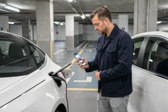 Homme examinant le port de recharge d'une voiture électrique blanche dans un parking urbain, tenant un smartphone affichant un site d'actualité automobile