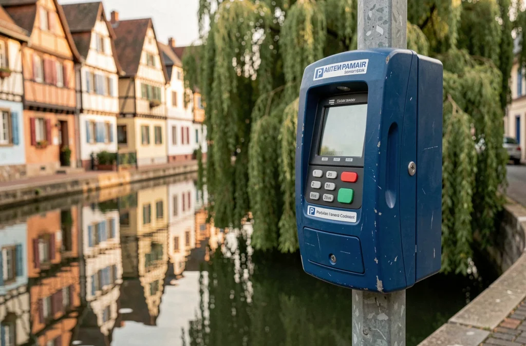 Horodateur de parking en centre-ville de Colmar avec le canal et les maisons colorées de la Petite Venise en arrière-plan