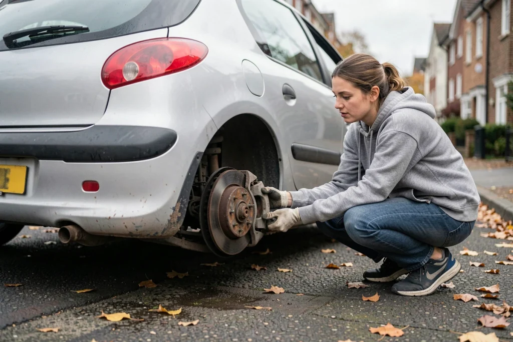 Inspection des freins d'une Peugeot 206 dans une rue résidentielle, panne de frein courante sur ce modèle