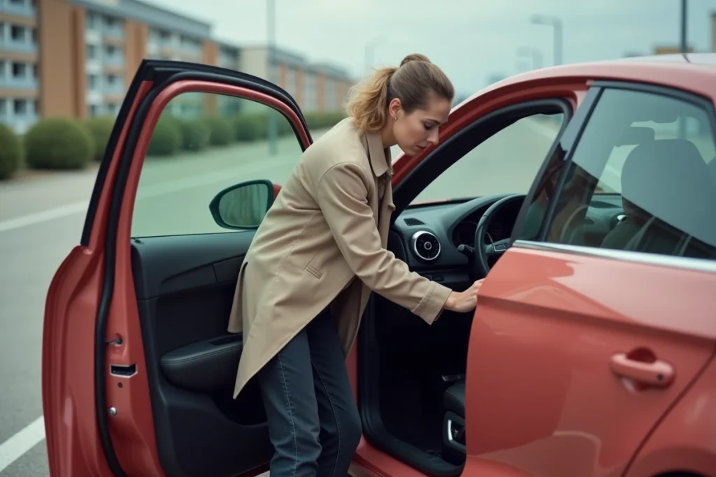 Femme inspectant l'intérieur d'une Audi A1 rose occasion avant achat