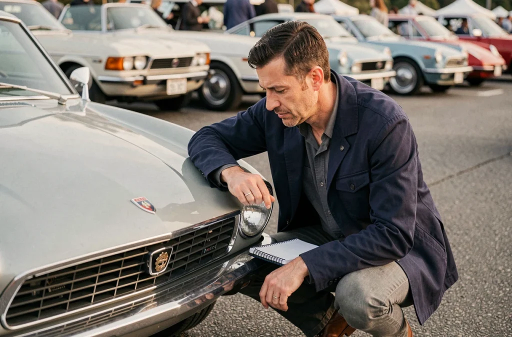 Journaliste automobile examinant le sigle d'une voiture classique européenne lors d'un salon en plein air