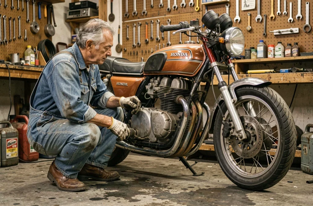 Mécanicien inspectant le moteur d'une Honda CB Boldor 900 dans un atelier de motos classiques