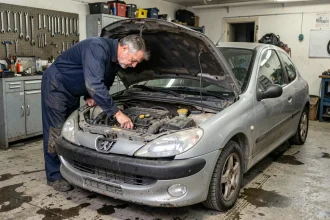 Mécanicien inspectant le compartiment moteur d'une Peugeot 206 dans un garage, illustrant les pannes courantes à surveiller