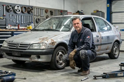 Mécanicien expert inspectant une Peugeot 306 Maxi en cours de restauration dans un atelier professionnel