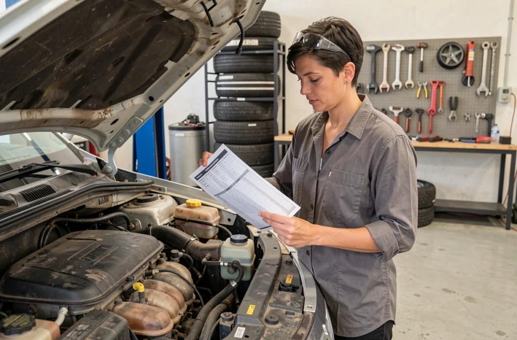 Mécanicienne inspectant le système d'injection diesel pour effacer durablement le code panne 1351 sur un SUV en atelier