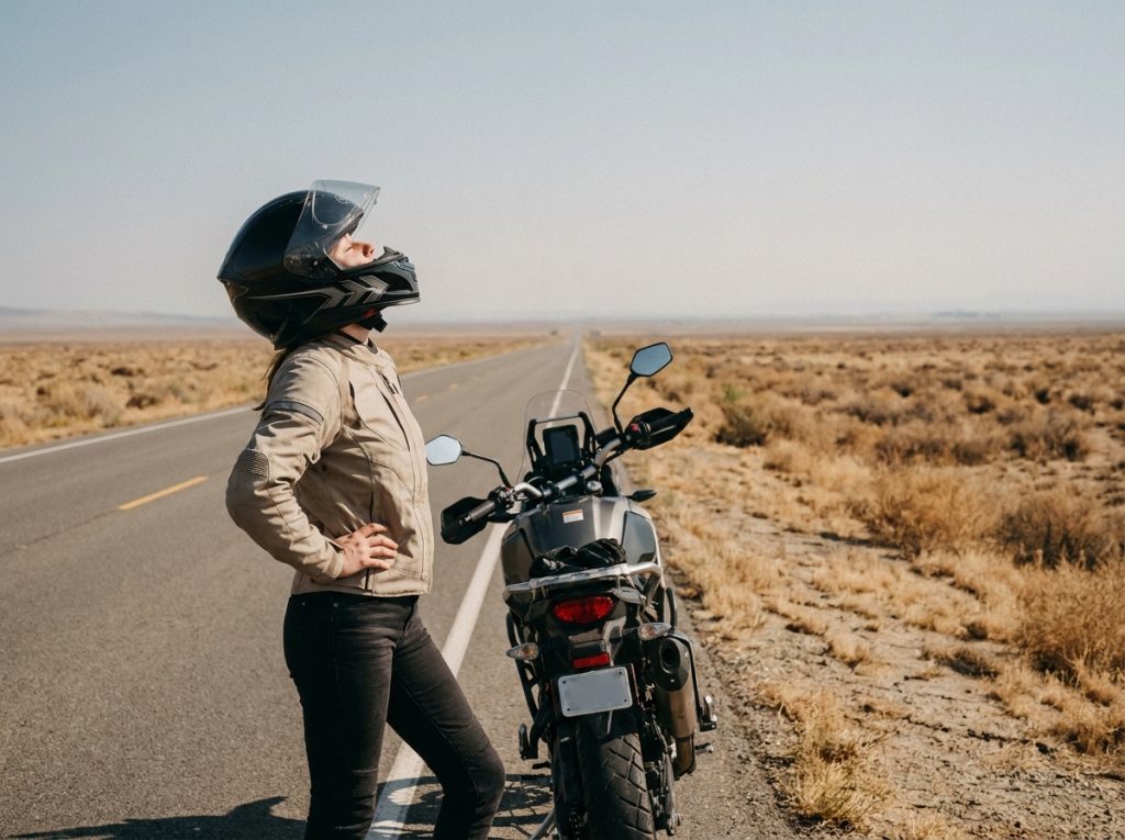 Motarde en pause sur autoroute portant un casque intégral léger lors d'un long trajet