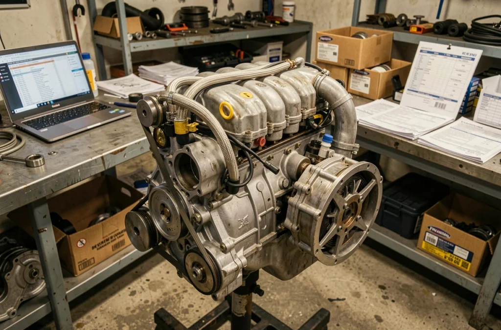 Moteur de Peugeot 306 Maxi démonté sur stand avec devis et factures de pièces détachées visibles