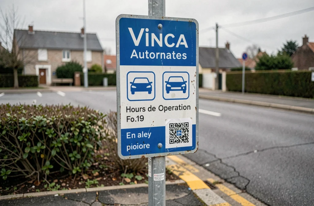 Panneau d'entrée du parking de covoiturage Vinci Autoroutes à La Chapelle Saint Mesmin avec pictogrammes et QR code