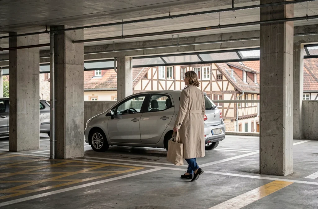 Femme se dirigeant vers le centre historique de Colmar depuis un parking couvert proche de la Petite Venise