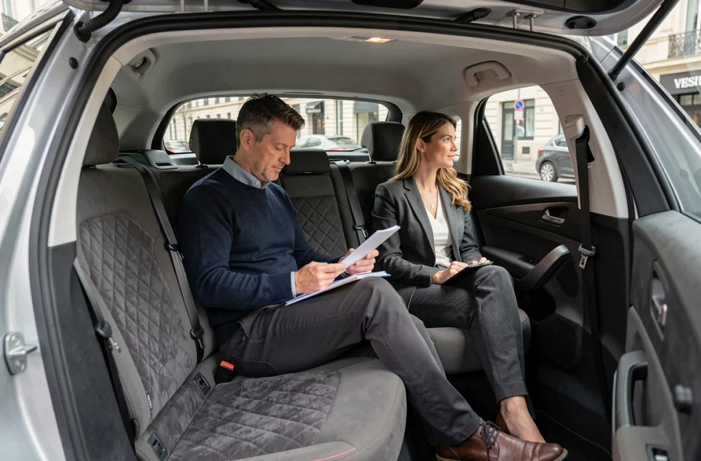 Passagers adultes installés à l'arrière de la Peugeot 2026 avec espace aux jambes généreux