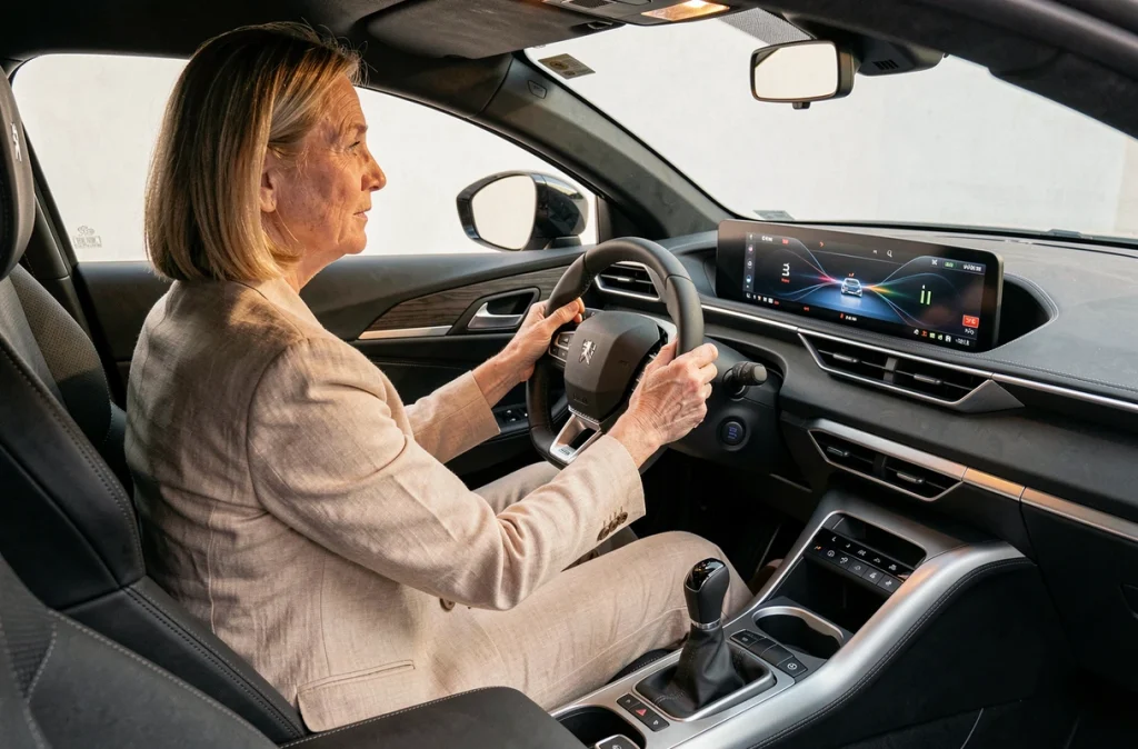 Intérieur du cockpit Peugeot 2026 avec tableau de bord i-Cockpit et conductrice au volant