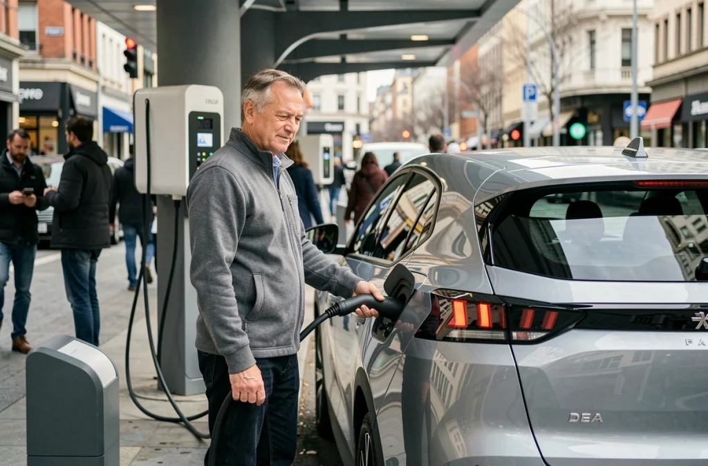 Homme branchant sa Peugeot 2026 à une borne de recharge en milieu urbain