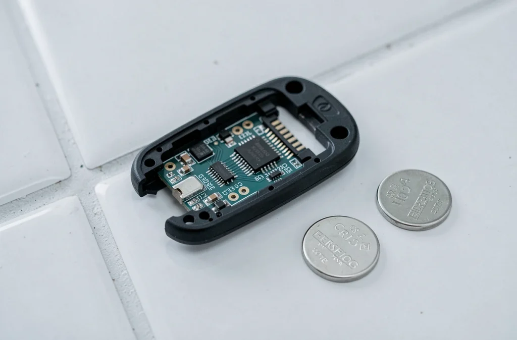 Carte mains libres Renault Clio 4 démontée montrant le compartiment pile et le circuit interne sur fond blanc