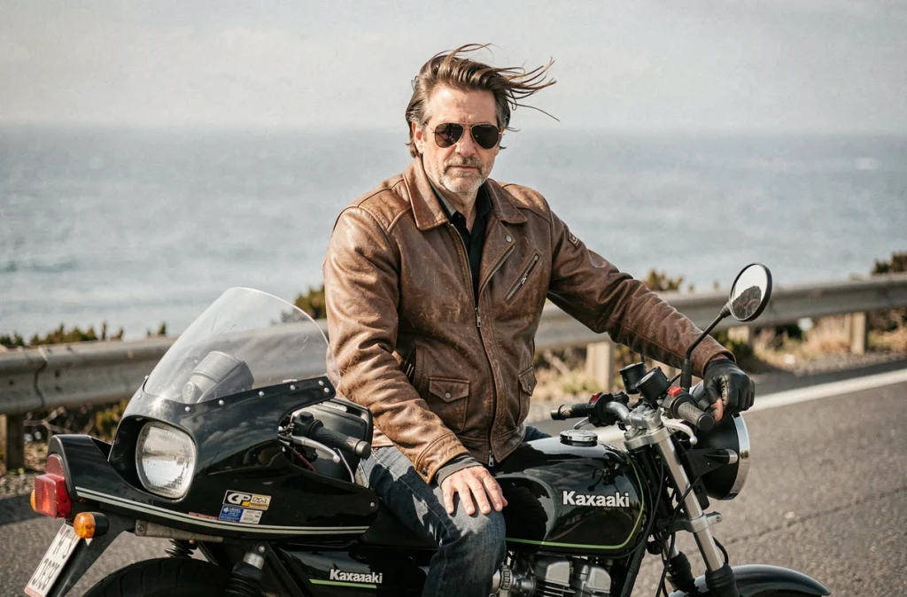 Pilote de moto en blouson aviateur cuir sur une Kawasaki GPZ900R face à l'océan Pacifique, ambiance Top Gun