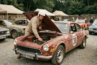 Pilote amateur en combinaison vintage inspectant le moteur de sa voiture ancienne lors d'un rallye historique