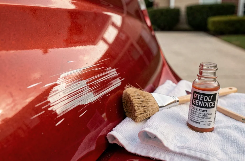 Gros plan sur une rayure de portière de voiture rouge en cours de réparation avec un pinceau de retouche et un flacon de peinture automobile