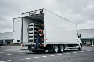 Remorque frigorifique en location devant un Super U, inspectée par des traiteurs professionnels dans un parking